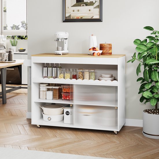 HAUSS SPOLE Keukeneilandwagen - Opklapbaar Werkblad En Schuifdeuren Van Gehard Glas - Voor Keuken En Buitenruimte - Wit Naturel - 122x46x91 Cm