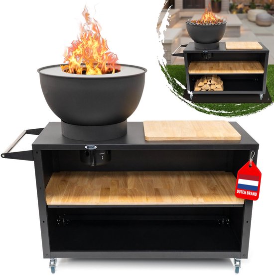 HEAT Buitenkeuken Trolley Zwart – Vuurschaal 60 cm - Mobiele BBQ & Plancha met Snijplank – 117x46x106 cm van HEAT