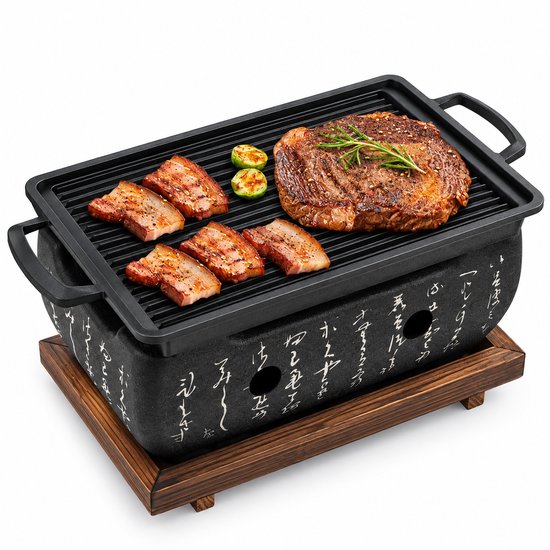 Hibachi Grill – Keramische Tafelbarbecue op Houtskool – Compact met Houten Onderstel – 24 x 12,5 x 11,5 cm