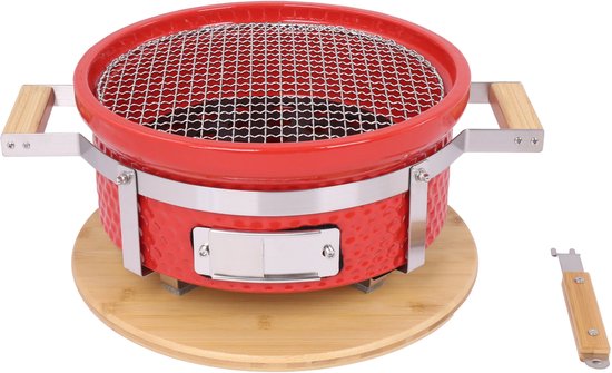 Hibachi Tafel Grill - Ronde Shichirin Tafel BBQ - Japanse Yakitori Grill - Keramisch - Geschikt voor Houtskool - Voor 1 tot 8 personen - ø 30 cm - Rood
