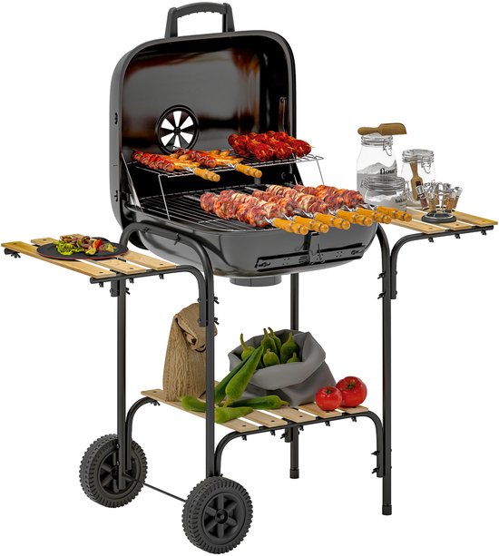 Holzkohlegrill Stalen Grillwagen met Afsluitbaar Deksel Grillrooster Wielen Handgreep Houten Plank 98 x 54 x 91 cm Zwart van Merkloos