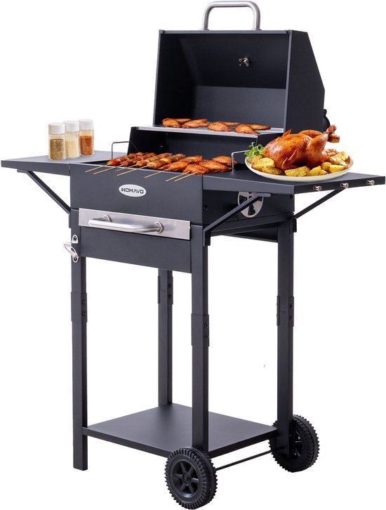 HOMAVO Houtskoolbarbecue, Barbecue met Deksel, Grilloppervlak: 45×32 cm, 2-standig in hoogte verstelbare kolenbak, Bijzettafel, Thermometer van Merkloos