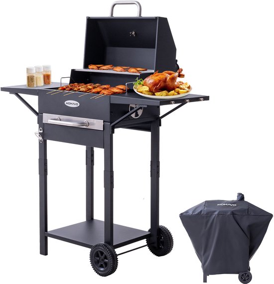 HOMAVO Houtskoolgrill, Barbecue met Deksel, Grilloppervlak: 45×32 cm, 2-standig in hoogte verstelbare kolenbak, Bijzettafel, Thermometer, Met Waterdichte Barbecuehoezen