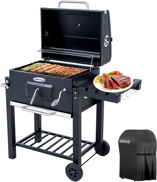 HOMAVO Houtskoolgrill, Barbecue met Deksel, Grilloppervlak: 56×42,5 cm, Hoogteverstelbare kolenbak, Opvouwbaar Zijtafeltje, Met Waterdichte Barbecuehoezen van Merkloos