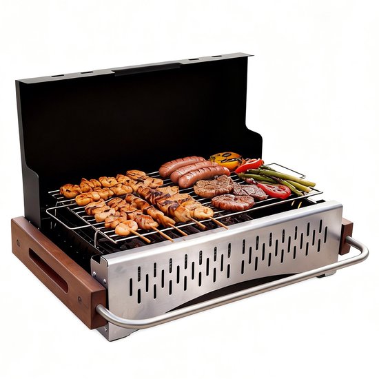 Homavo opvouwbare houtskoolgrill, 38,15 x 20,95 cm, compacte houtskoolbarbecue voor buiten, geschikt voor kamperen, picknicken en tuin, voor 1-4 personen. van Merkloos