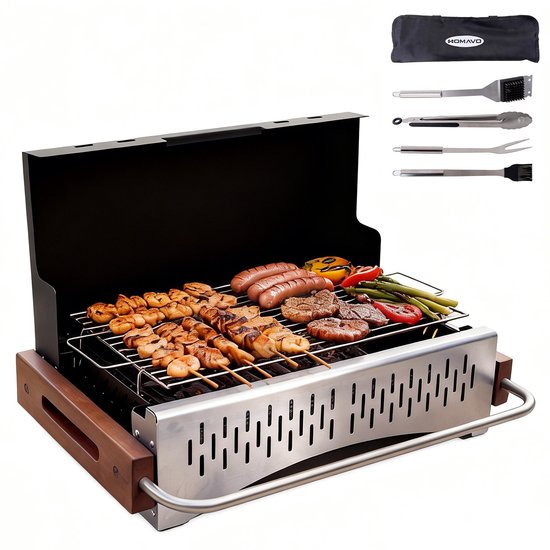 Homavo opvouwbare houtskoolgrill, 38.15*20.95cm, compacte houtskoolbarbecue voor buiten, met gereedschapsset, geschikt voor kamperen, picknicken, tuin, voor 1-4 personen van Merkloos