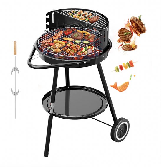 Homelux Draagbare houtskoolgrill + BBQ-spies met bevestigingsclips - Ronde grill met wielen en windscherm - BBQ - Hoogte verstelbaar - roestvrijstalen rooster voor tuin en camping van homelux