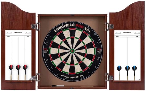 Houten cabinet licht eiken + sisal dartbord. Inclusief 2 set van Abbey Darts
