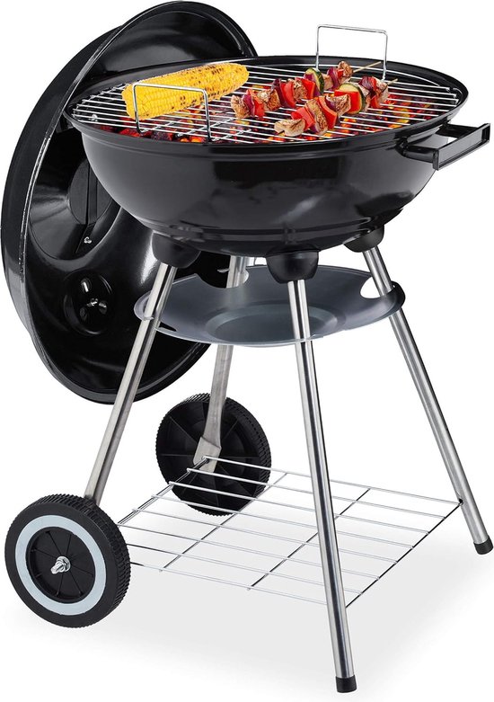 Houtskool Barbecue - ∅ 40 cm - met deksel, plateau & as opvangschaal - Zwart van Perel