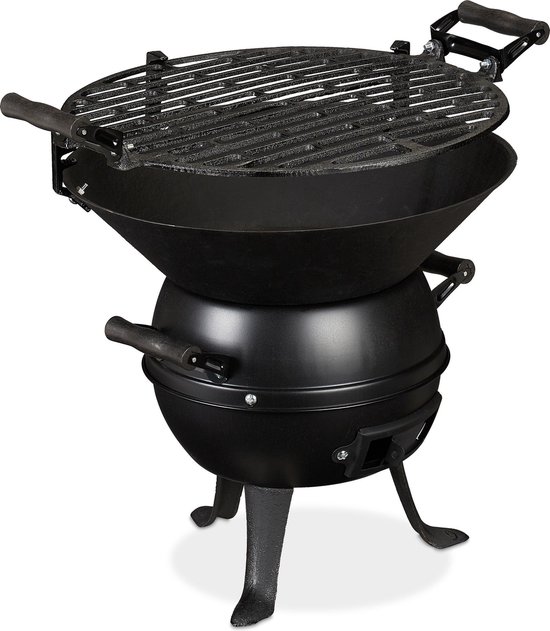 houtskool barbecue - gietijzer en staal - hoogte verstelbaar - draagbaar - rooster Ø 35 cm - zwart van Merkloos