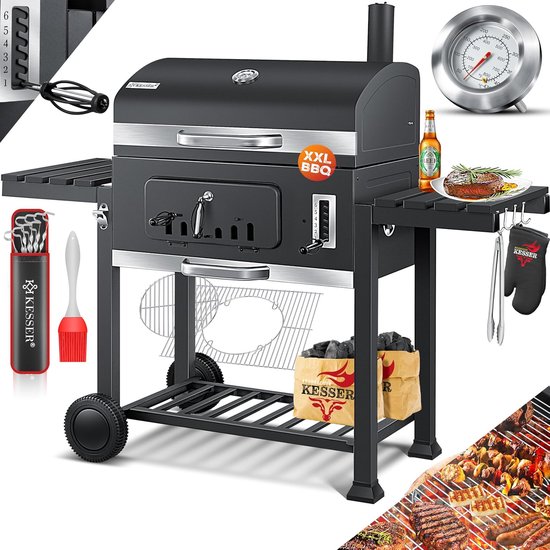 Houtskool barbecue grill trolley XXL met deksel en thermometer - Perfect voor camping en tuin van Merkloos