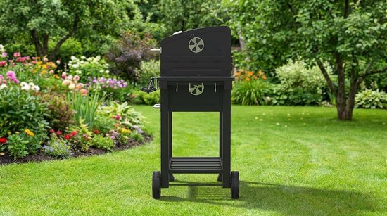 Houtskool Barbecue Grillwagen met Deksel en Thermometer – House&Garden Toronto Elite BBQ – Grote Kolenbarbecue met Verstelbaar Grillrooster, Opklapbare Zijtafel, Warmhoudrek en Wielen – BBQ voor Tuin, Balkon & Terras 56x41,5 cm