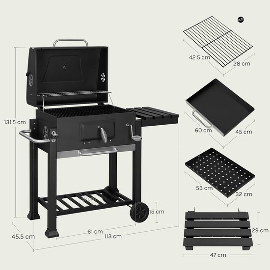 Houtskool Barbecue Grillwagen XXL - House&Garden Smoker BBQ met Deksel, Thermometer, Verstelbare Kolenbak, Rookfunctie, Dubbel Grillrooster, Zijtafel, Wielen & Aslade - Outdoor Tuinbarbecue 117x107x71 cm Zwart