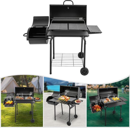 Houtskool Barbecue Grillwagen XXL met Deksel en Schouw - House&Garden Premium Smoker BBQ - Grote Dubbele Grillzones met Opbergplanken, Wielen en Ventilatie - Buiten Kolenbarbecue voor Tuin, Terras & BBQ Party 147 cm