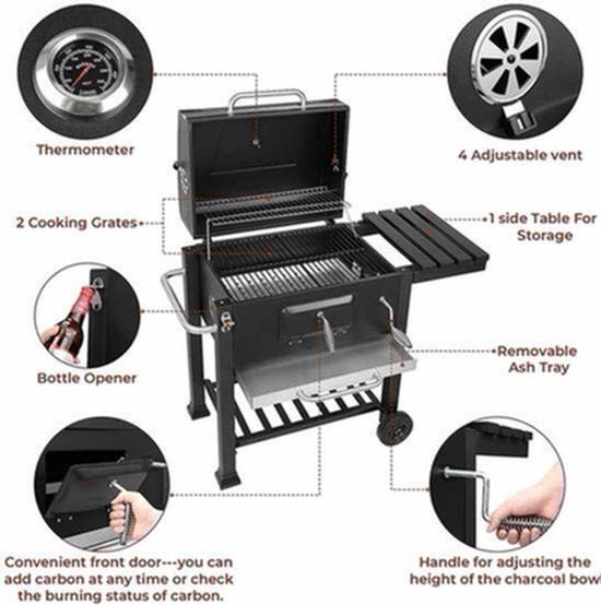 Houtskool Barbecue - Grote Barbecue - met Wielen - 5-10 Personen - Ruim Grilloppervlak - Verstelbare Houtskooltray - en thermometer - Tuin en Camping BBQ - Gemakkelijk Schoon te Maken