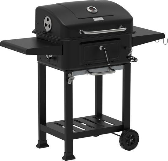 Houtskool Barbecue met Deksel en Wielen – Verrijdbare BBQ Grill – Thermometer – Verstelbare Kolenlade – Zijtafels – 54 x 42,5 cm Grillrooster van Merkloos