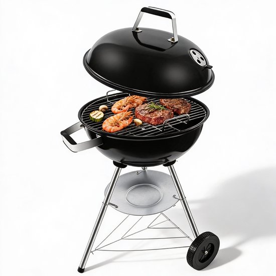 Houtskool Barbecue Met Deksel Voor Authentieke BBQ Smaak – Houtskoolbarbecue Op Wielen Met Stevig Metaal Design Voor Eenvoudig Verplaatsen – Kogelbarbecue Rond 51 x 47 x 78 cm Voor Tuin, Balkon en Camping | Zwart Design Met Optimale Warmteverdeling van Merkloos