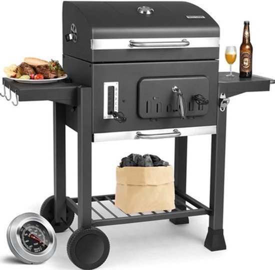 Houtskool Barbecue - XXL BBQ - Smoker Barbecue - Grilloppervlak - Houtskoollade - Opvouwbare Zijtafels - 130x137x49 cm - Zijpanelen - Zwart