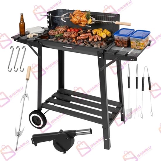 Houtskool BBQ Grill met Draaispit - Warmhoudrooster - Zijtafels - Tuingrill Zwart - bbq houtskool - 62552 van Merkloos