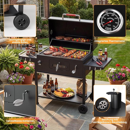 Houtskool BBQ Grillwagen XXL met Smoker en Deksel – House&Garden RVS Barbecue Grill met Thermometer, Gietijzeren Grillrooster, Warmhoudrek, Verstelbare Kolenplaat, Spiesen Set en Opbergplanken – Buiten BBQ voor Tuin, Camping en Outdoor Koken