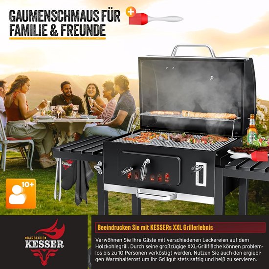 Houtskool BBQ Grillwagen XXL – Staande Barbecue met Deksel & Thermometer, 2-in-1 Grill & Smoker, In Hoogte Verstelbare Kolenbak, Gietijzeren Rooster, Warmhoudrooster, Zijtafels & Accessoires – House&Garden Pro BBQ Station XXL – 153x73x137 cm (Zwart)