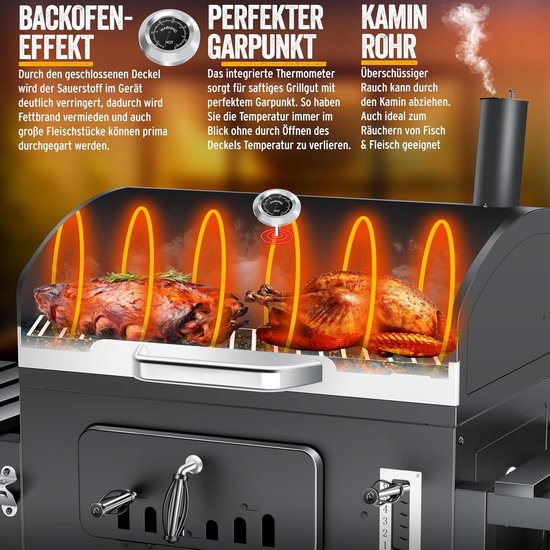 Houtskool BBQ Grillwagen XXL – Staande Barbecue met Deksel & Thermometer, In Hoogte Verstelbare Kolenbak, Warmhoudrooster, Ventilatie & Zijtafels – House&Garden Pro Smoke Station XXL – 153x73x137 cm (Grijs)