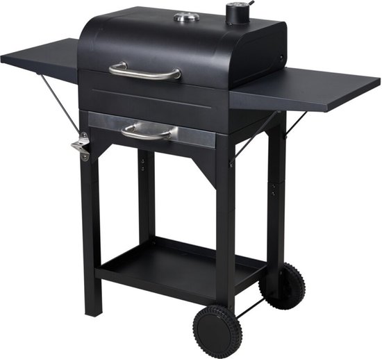 Houtskool BBQ - mat zwart - verrijdbaar- zijtafels- 109 x 47 x H97 cm - metaal van Merkloos