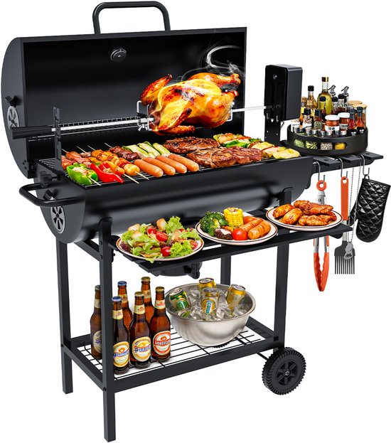 Houtskool BBQ met Deksel - Houtskool Barbecue op Wielen - Grote Grill 70x35 cm - Met Kiprooster - Met Ingebouwde Thermometer - Ijzeren Legplanken - 112 x 64 x 97 cm - Met Flessenopener – Zwart van Merkloos