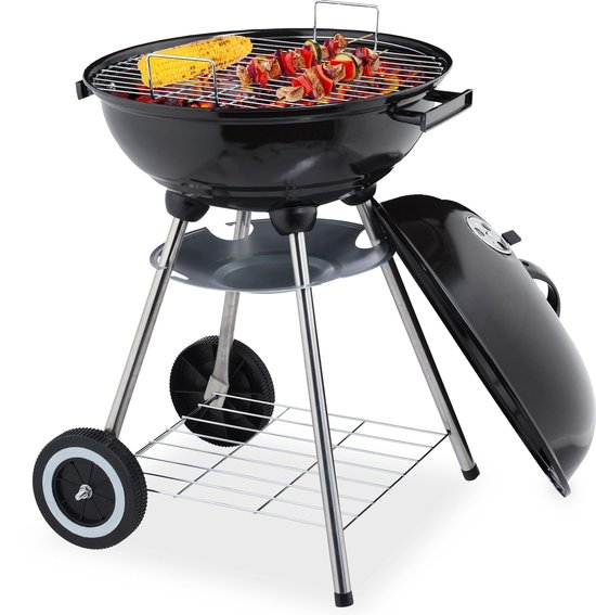houtskool bbq met deksel - plateau - as opvangschaal - tuin en camping - Ø 40 cm - zwart van Perel