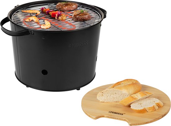 Houtskool BBQ - Princess 112240 Hybride Bucket Barbecue - Elektrische BBQ - Met en zonder houtskool te gebruiken - Park Barbecue - 1400W - Diameter 32cm - met serveerplank - bbq accesoires van Princess