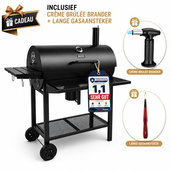 Houtskool BBQ - Smoker Barbecue XL - BBQ met Wielen - 70x37cm Grilloppervlak - Zijpanelen - Zwart - Inclusief Crème Brûlée Brander en Gasaansteker als Cadeau