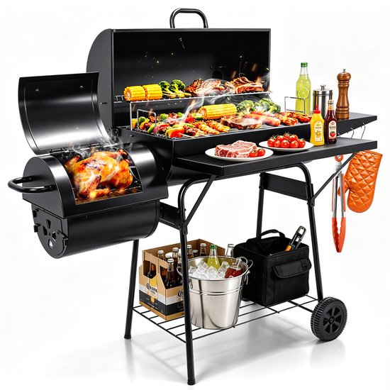 Houtskool BBQ XXL - Houtskool Grill met Offset Smoker - BBQ-grill met Zijtafel - Buiten Koken - Kamperen en Picknicken in de Tuin - Terras en Feestjes - Smoker Barbecue Zwart