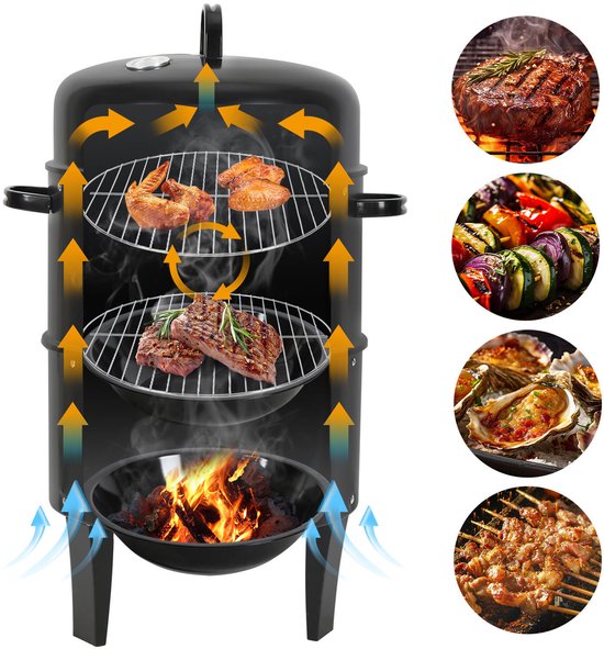 Houtskool Rookbarbecue 80 cm – Verticale BBQ met Dubbele Deur, Thermometer en Ventilatie