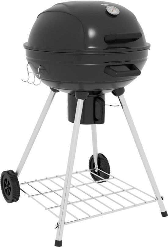Houtskoolbarbecue - Campingbarbecue - Verrijdbare bbq - Houtskool grill - Met thermometer - Asopvangbak - Zijtafel - Wielen - Voor buiten - 65x55x89 cm - 1 stuk - Zwart van Merkloos