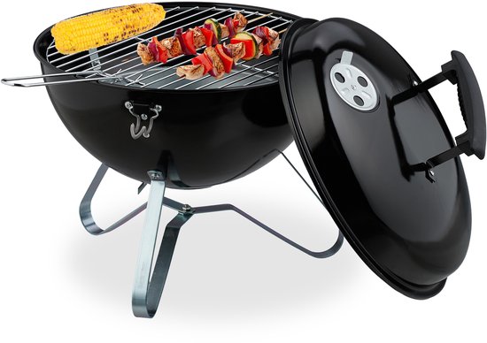 houtskoolbarbecue draagbaar - Ø 33,5 cm - met deksel - staal van Merkloos