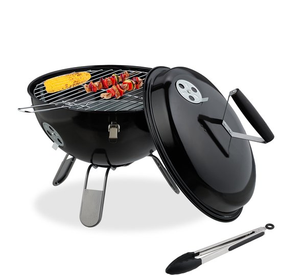 houtskoolbarbecue draagbaar - Ø 34 cm - met deksel en tang - staal van Central Park