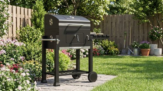 Houtskoolbarbecue Grillwagen met Deksel en Thermometer - House&Garden Angular BBQ Grill met Gietijzeren Rooster, Verstelbare Kolenbak & Weerbestendige Hoes - Luxe Buitenbarbecue voor Tuin & Camping