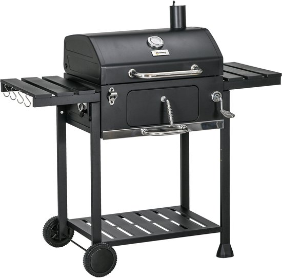 Houtskoolbarbecue - Grillwagen - Tuinbarbecue - Twee roosters - Inklapbare zijtafels - Opbergplank - Handvat - Buiten koken - 120x64x114cm - Zwart van Merkloos