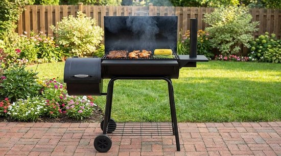 Houtskoolbarbecue House&Garden Smoker Pro XXL – BBQ Grillwagen met Deksel, Rookoven, Thermometer & Zijtafels – Grote Houtskool Grill Smoker voor Buiten – Verrijdbare Barbecue Grill met Schoorsteen – 147x126x126 cm – Zwart