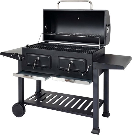 Houtskoolbarbecue MCW-K94, barbecuetrolley BBQ tuinbarbecue met dekselplateau, geëmailleerd staal 110x153x60cm zwart van Merkloos