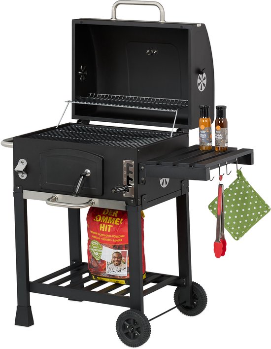 houtskoolbarbecue - met deksel en wielen - met 2 roosters van Central Park