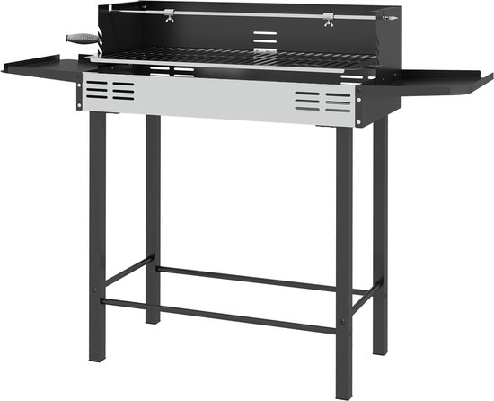 Houtskoolbarbecue met rooster op 3 niveaus en opvouwbare zijplanken, 118 x 32 x 90 cm, zwart