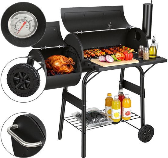 Houtskoolbarbecue met Smoker, 2-Kamer BBQ-wagen met Wielen, Rookbarbecue voor Vlees en Vis, Zwart van Merkloos