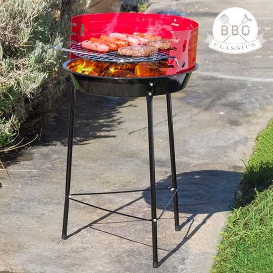 Houtskoolbarbecue Ø33 cm - Verstelbare Grill BBQ - Halfopen | Zwart/Rood van Perel