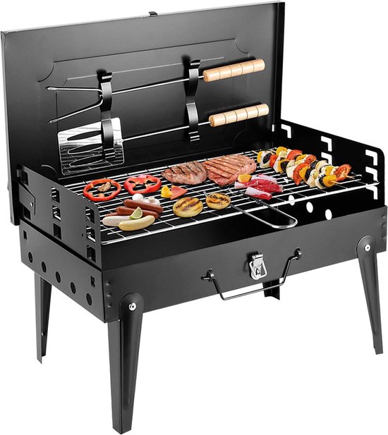 Houtskoolbarbecue, picknickset, inclusief ventilator, barbecuetang, -vork en -spatel, met 12 spiesen, outdoor tafelbarbecue, campingbarbecue, picknickbarbecue, reisbarbeque, houtskool mini barbecue van Merkloos