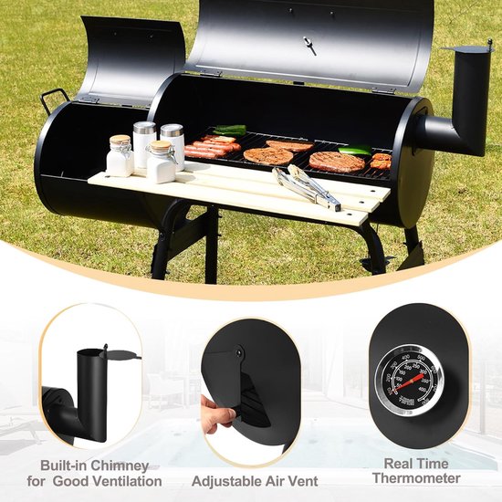 Houtskoolbarbecue Rookoven Grillwagen 2-in-1 – House&Garden BBQ Smoker met Thermometer, Zijtafel, Wielen & Onderplank – Grote Grilloppervlakte 56x30 cm – Geschikt voor 8-10 Personen – Buiten BBQ & Rookbarbecue 115x65x108 cm – Zwart Gelegeerd Staal