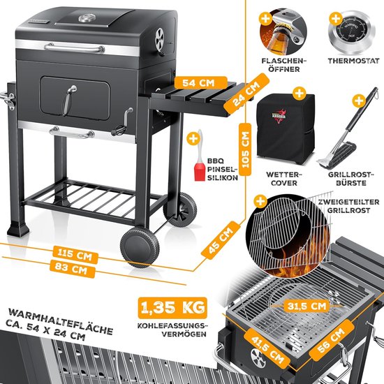 Houtskoolbarbecue XL Grillwagen met Deksel & Thermometer – BBQ Smoker Grill met Warmhoudrooster, Wielen, Zijtafel & Opbergrek – Houtskool BBQ voor Tuin, Camping & Terras – Grijs – House&Garden