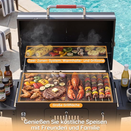 Houtskoolbarbecue XXL Smoker Grillwagen - House&Garden Luxe BBQ Smoker met Deksel, Thermometer & Gietijzeren Grillrooster - Grote RVS Houtskoolgrill voor Tuin, Camping & Buitenkeuken - Zilver