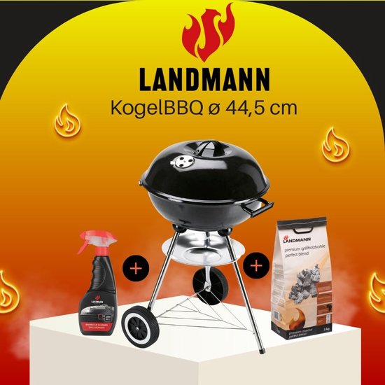 HoutskoolBBQ Grillchef by Landmann KogelBBQ ø 44,5 cm Zwart - Houtskoolbarbecues - Kogelbarbecue - Met Thermometer - Roestvrij - Ronde Barbecue - Met deksel en Wielen - Traditionele bbq - 6 personen - Ventilatierooster voor zuurstofregulering van Landmann