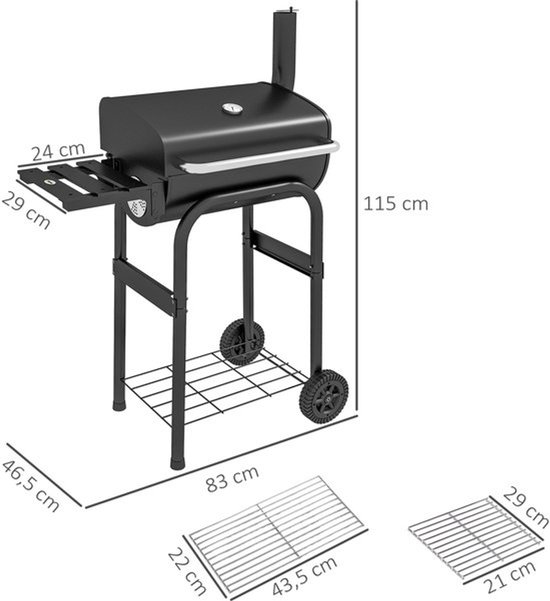 Houtskoolgrill – Barbecue – Smoker – BBQ Grill – Kolengril – Zwart – Groot Grilloppervlak 83x46,5 cm – Ingebouwde Thermometer